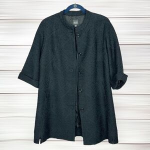 Eileen Fisher Textured Black Wool Swing Coat Silk Lined 3/4 Sleeve Band Collar S